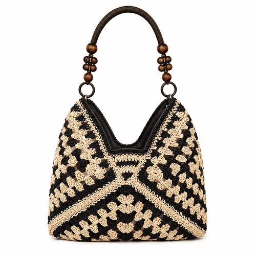 Sac Cabas Crochet Granny Square Noir Crème Anse Perles Bois Épaule 2
