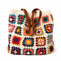 Crochet Granny Square Boho Tote Bag Mixed Colors Handmade Cotton Shoulder Bag Women