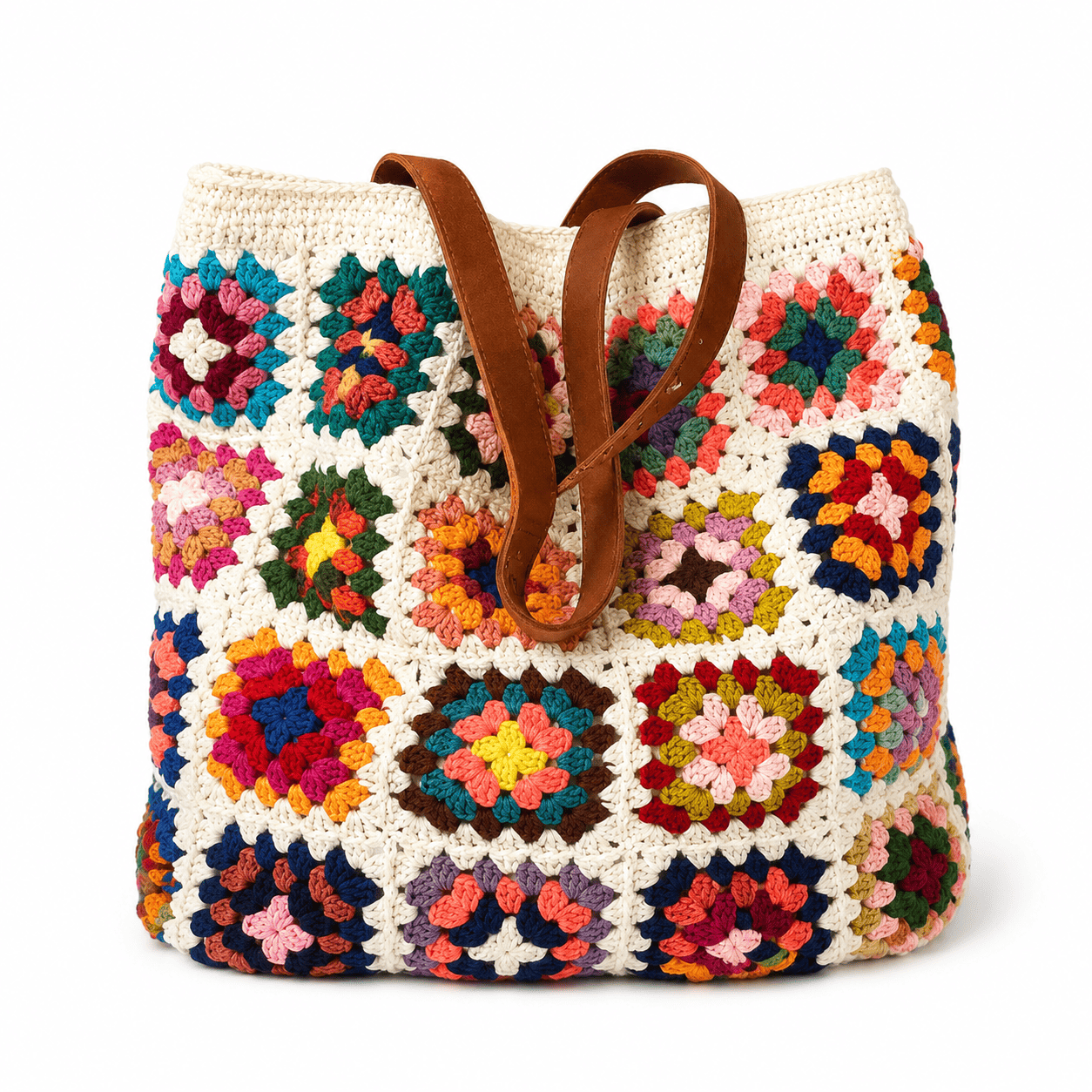 Crochet Granny Square Boho Tote Bag Mixed Colors Handmade Cotton Shoulder Bag Women